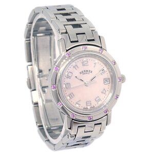 Hermes CL4.231 Clipper Quartz Watch SS Pink Shell Pink Sapphire 195220